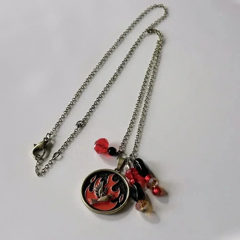 Handmade Firebird Phoenix Necklace Set in Burnished Brass w/ Glass Beads - Picture 4 of 7